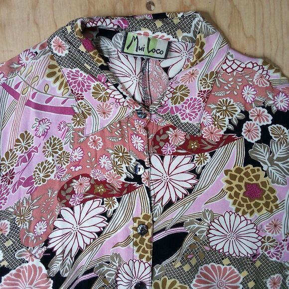Vintage Mui Loco Abstract Geometric Floral Rayon Disco Shirt - Picture 1 of 9